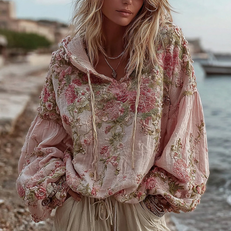 Women's Vintage Floral Embroidery Warm Hoodie
