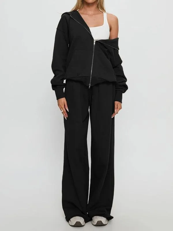 Women Fall Winter Long Sleeve Zipper Hoodie & Pants 2 Piece Set