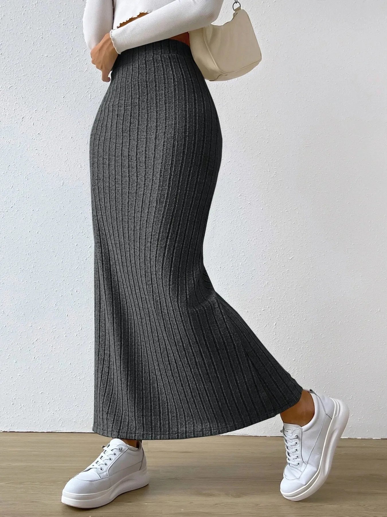 High Waist Ribbed Knit Maxi Skirt