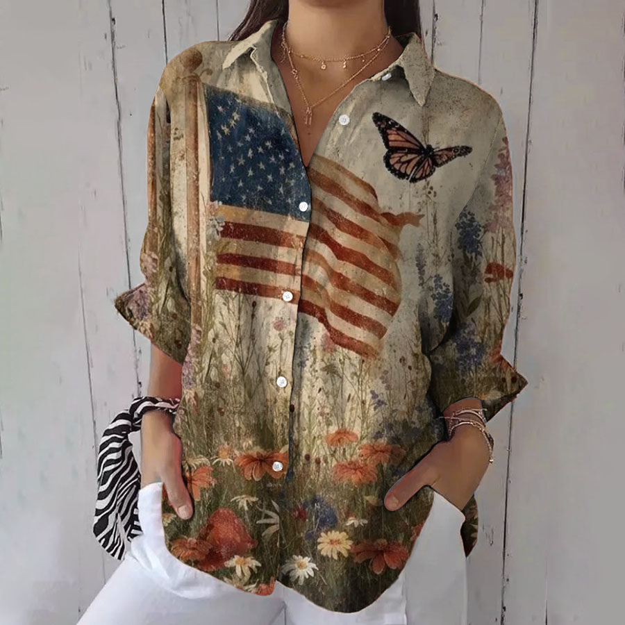 Women'S Retro American Flag Printed Casual Shirt