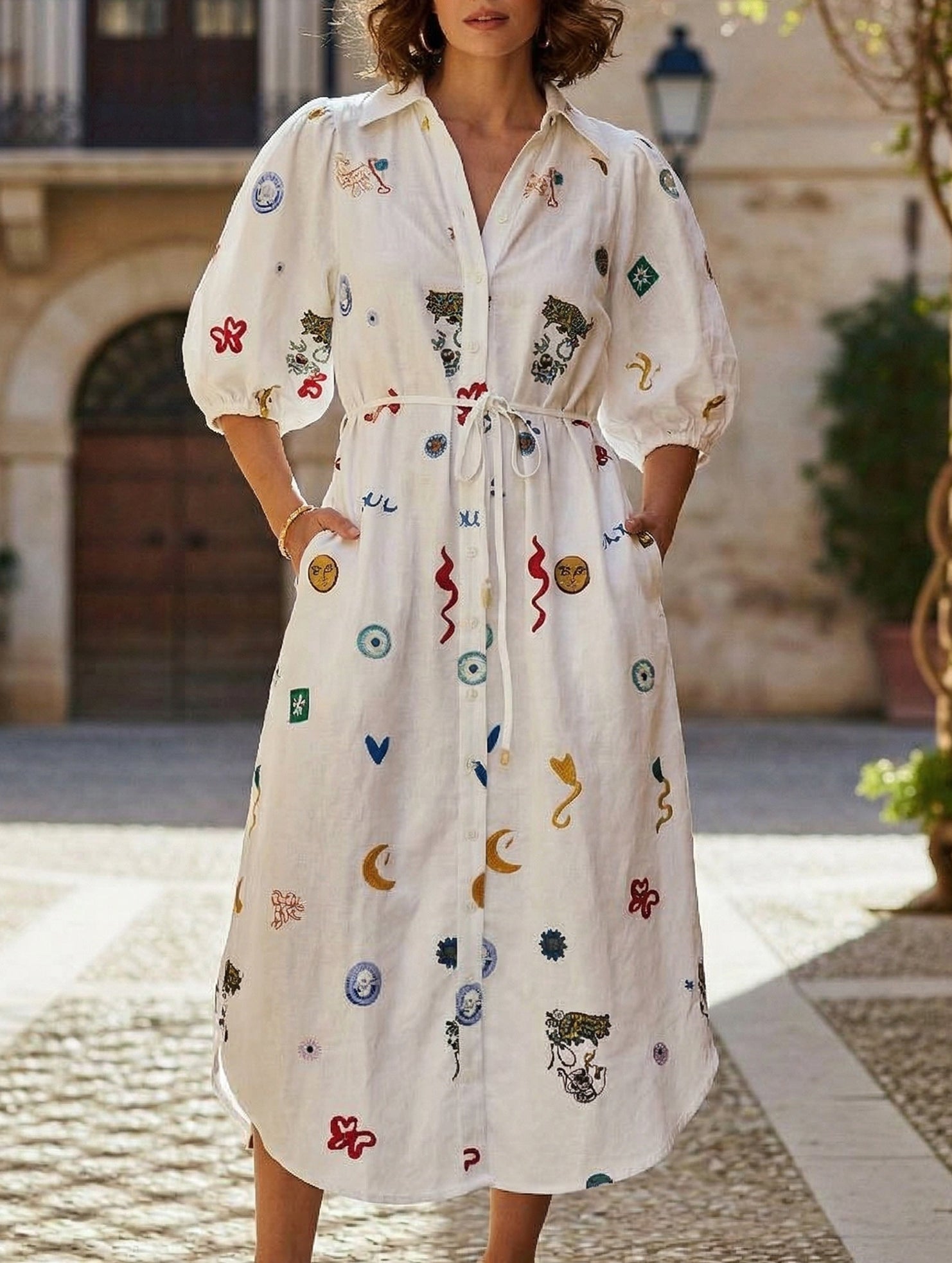 Printed Tie Waist Shirt Dress