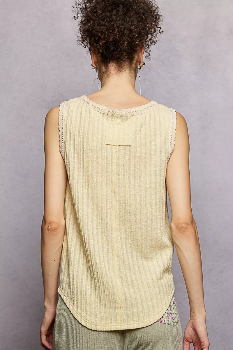 POL Ribbed Round Neck Tank with Lace Trim