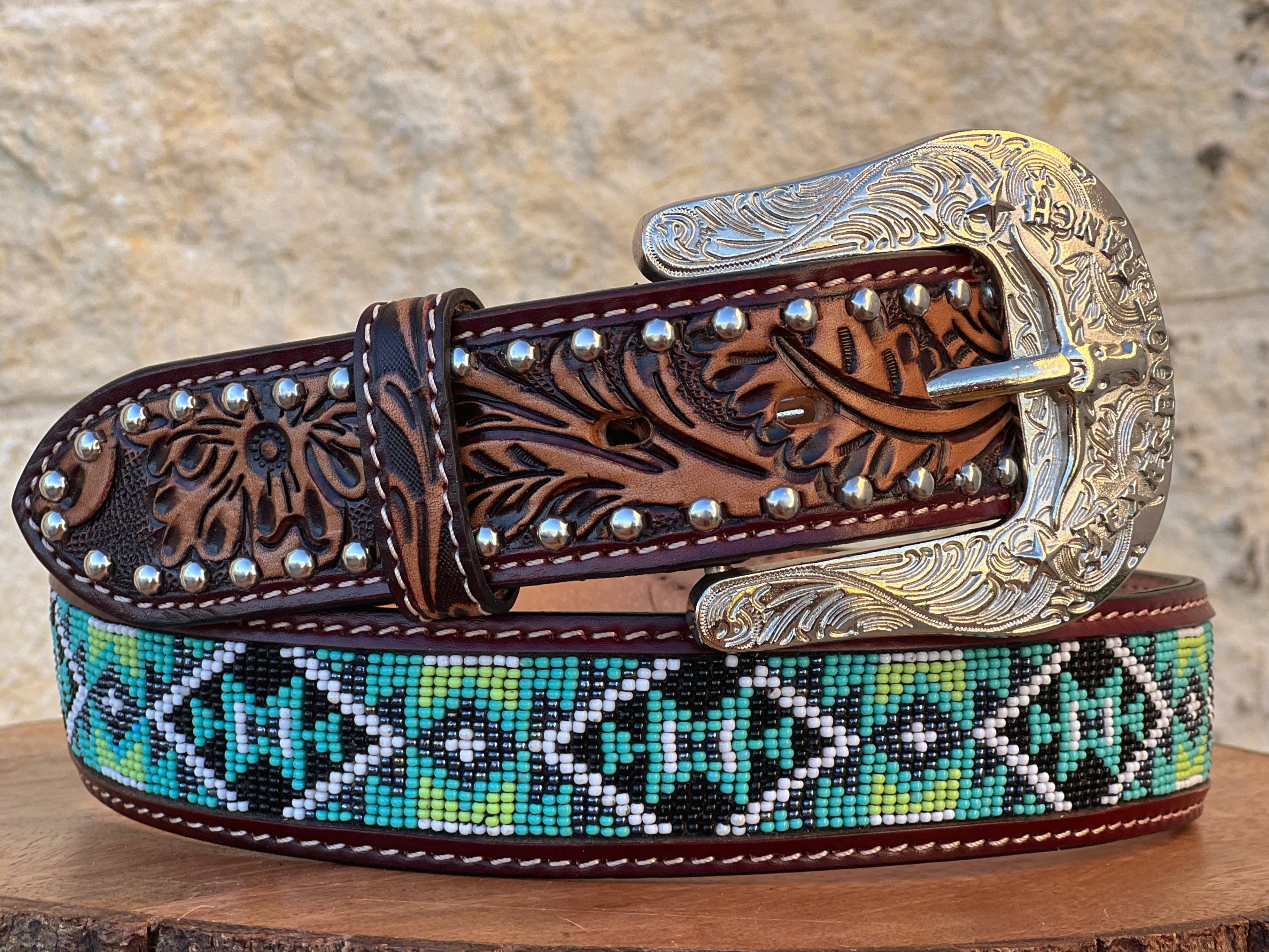 Honey Hand-Tooled Leather Artesanal Tabs With Silver Studs Green & White Beaded Belt