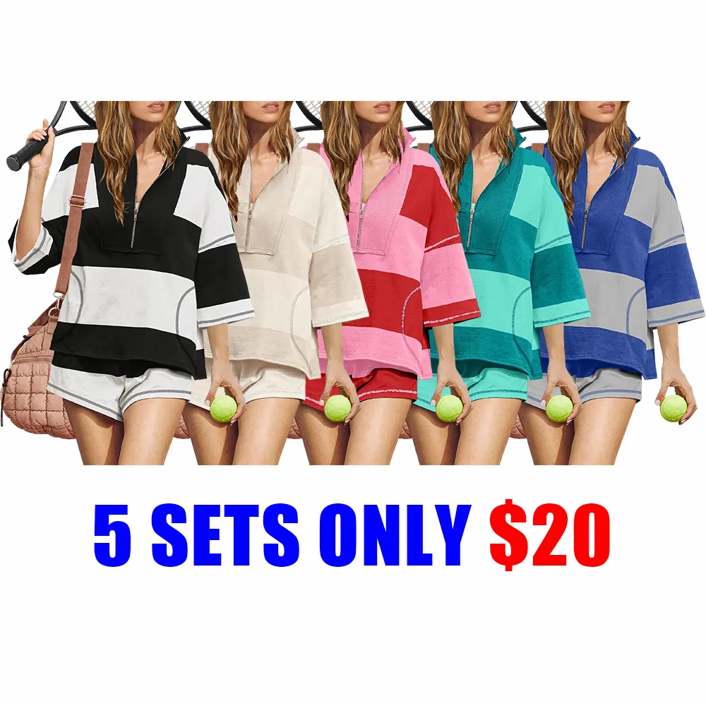 Women’s Striped 2-Piece Lounge & Workout Set Half-Zip Top and Shorts with Pockets