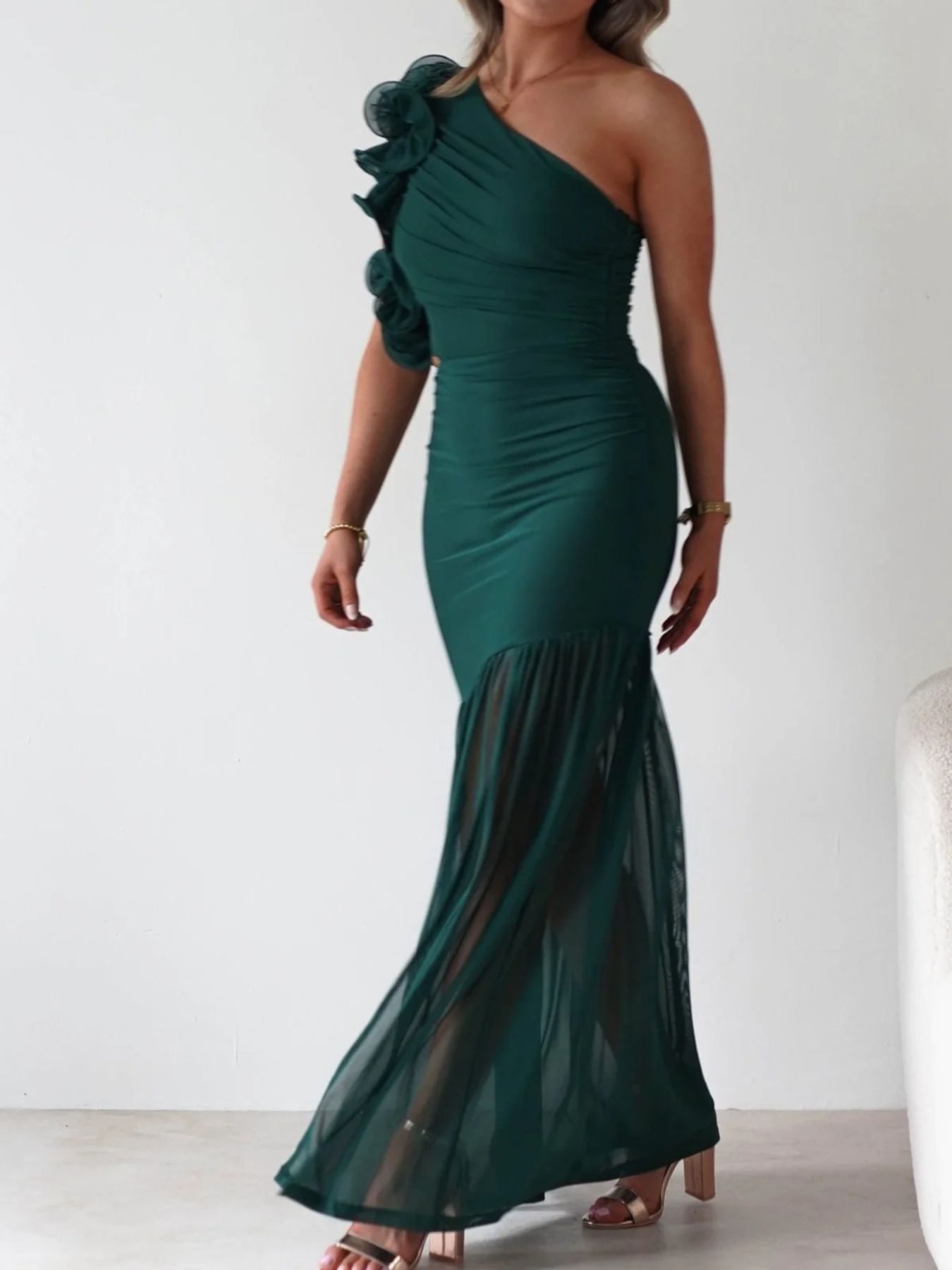 One-Shoulder Ruffle Trim Maxi Dress