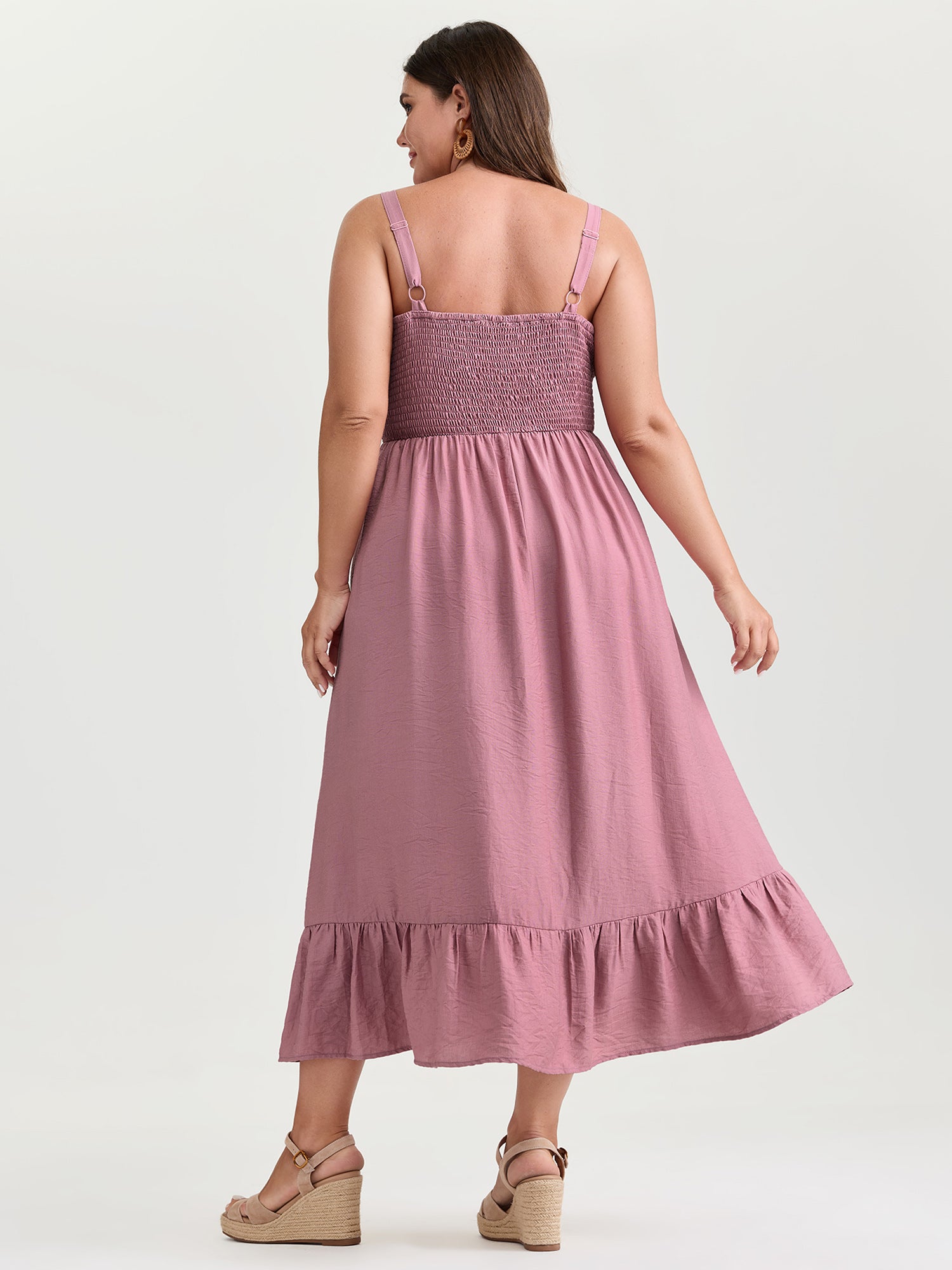 Twist-Front Shirred Back Ruffled Hem Midi Dress