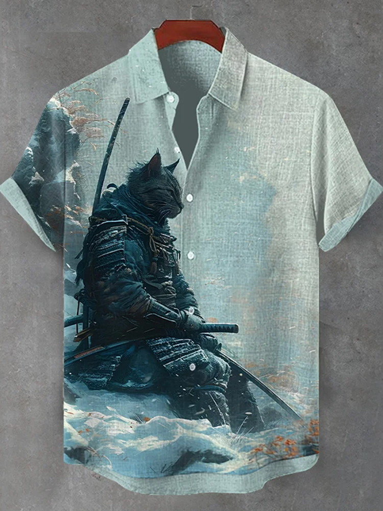 Men's Japanese Cat Samurai Art Casual Short Sleeve Shirts