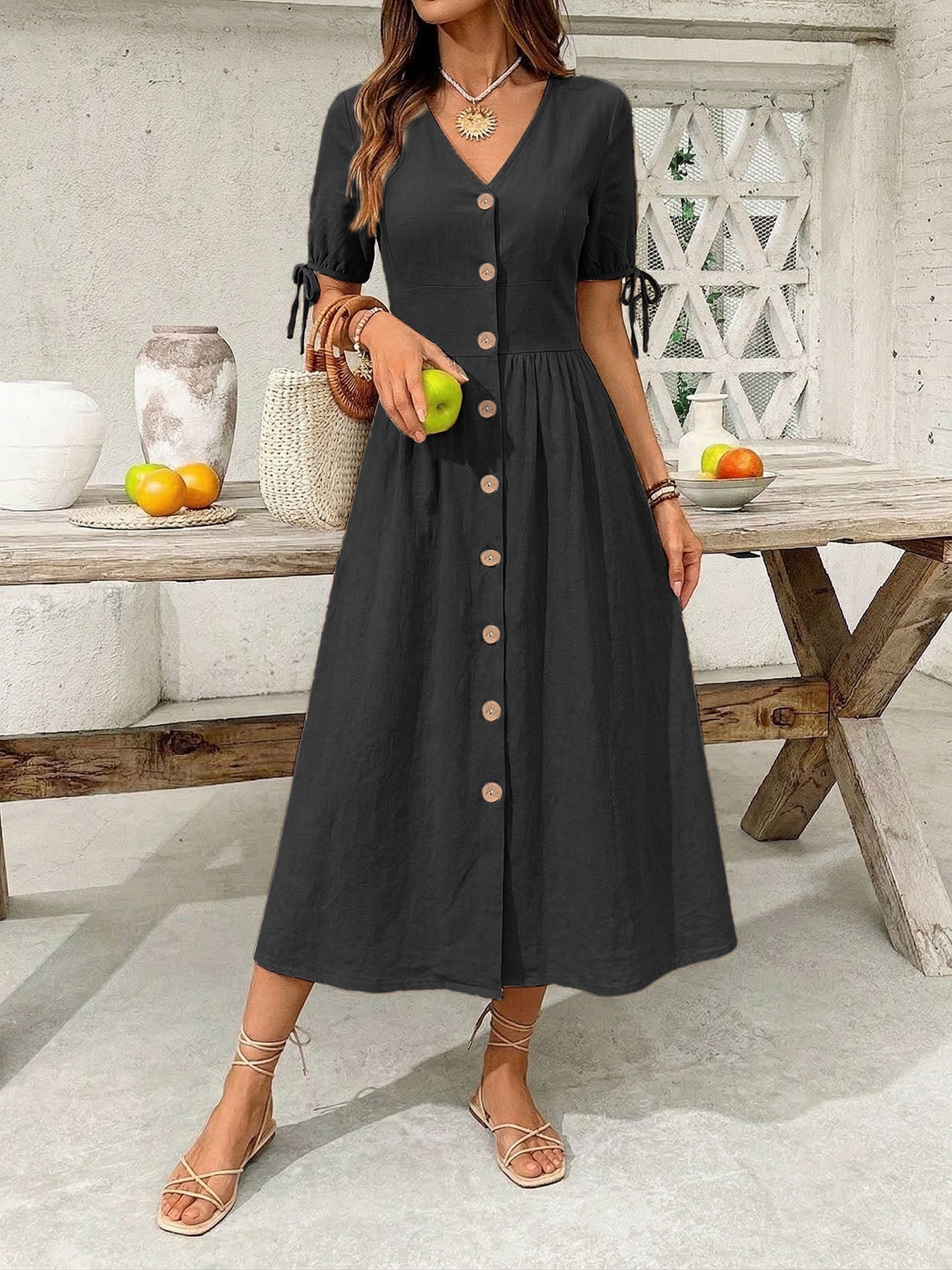 Button-Down Short Sleeve Midi Dress