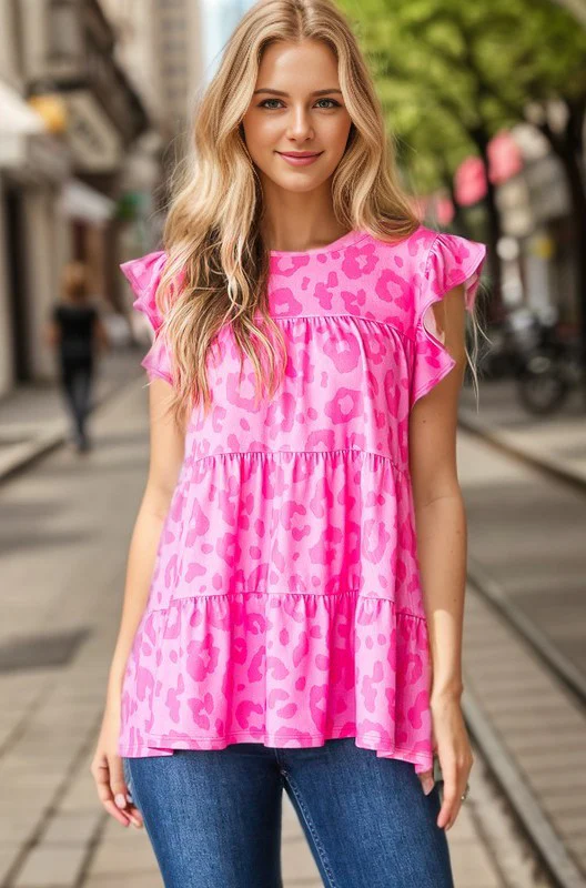Tiered Leopard Round Neck Blouse with Ruffled Detail