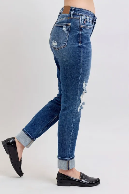Blue Full Size Midi Rise Boyfriend destroy Jeans with Yoke Pockets and Faux Selvedge Cuff Plus Size