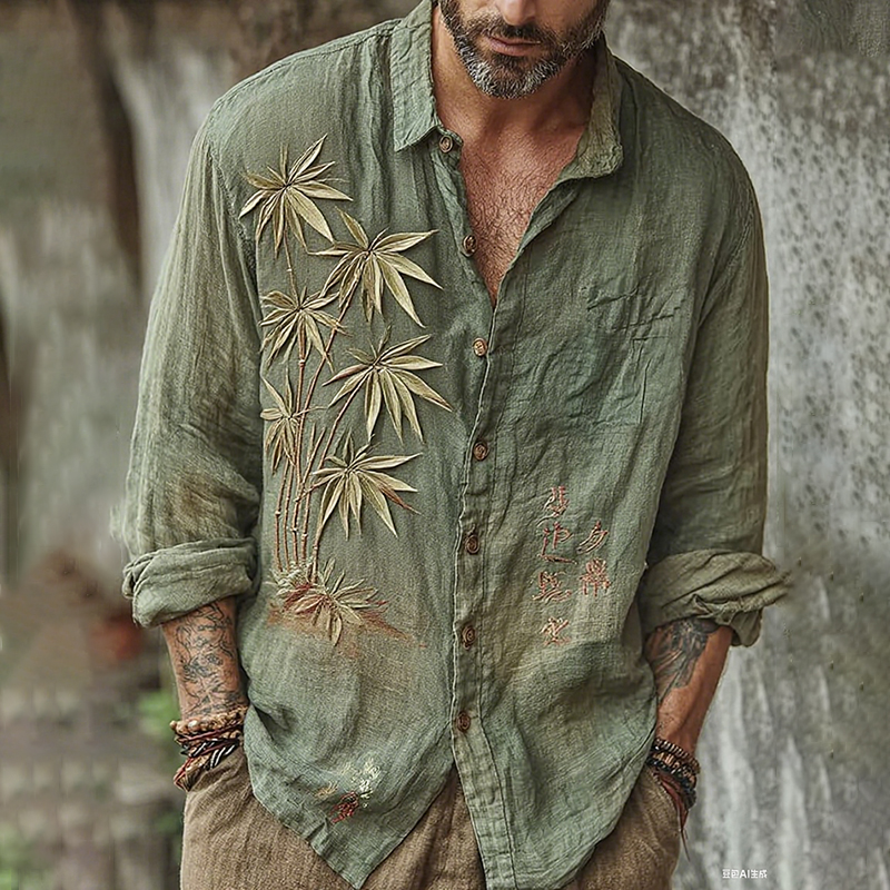 Men's Vintage Japanese Bamboo Embroidery Art Long Sleeve Linen Blend Shirt