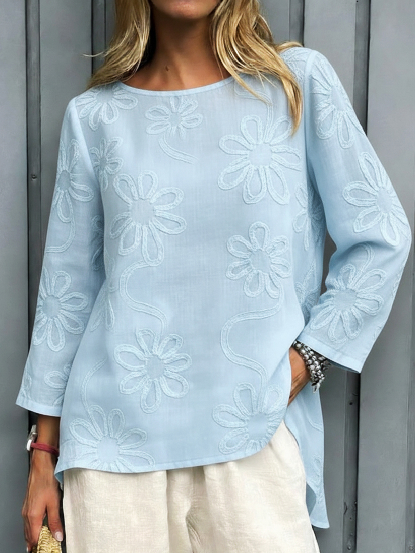 Casual Floral Embroidered 100% Cotton Shirt Top