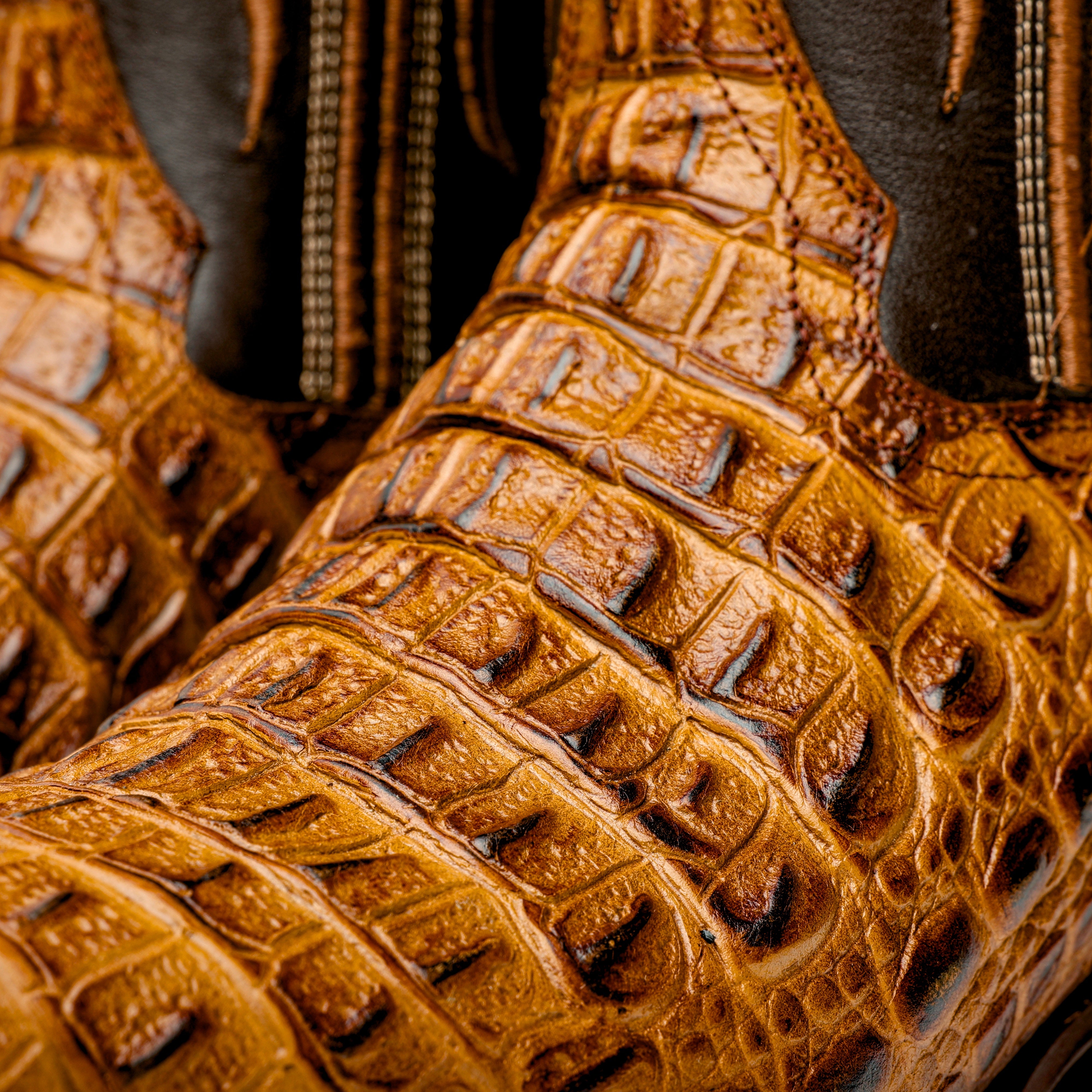 Honey Caiman Hornback Leather Boots - Square Toe