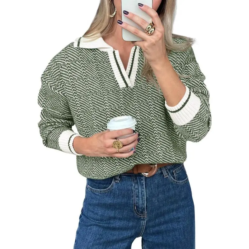 Womens V Neck Knit Sweater Color Block Long Sleeve