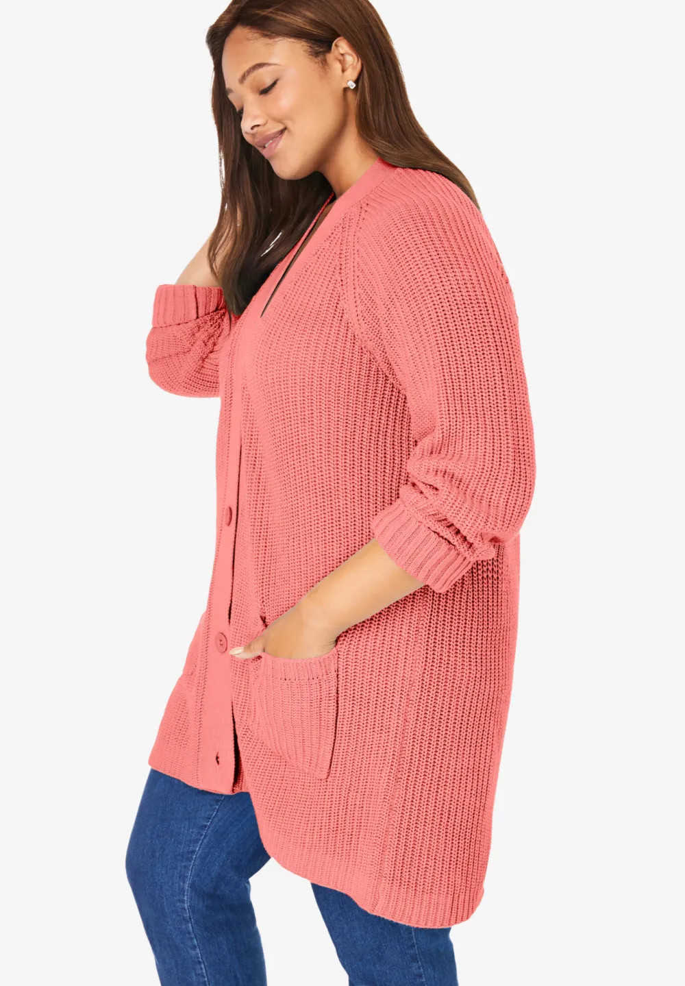 Button-Front Shaker Cardigan