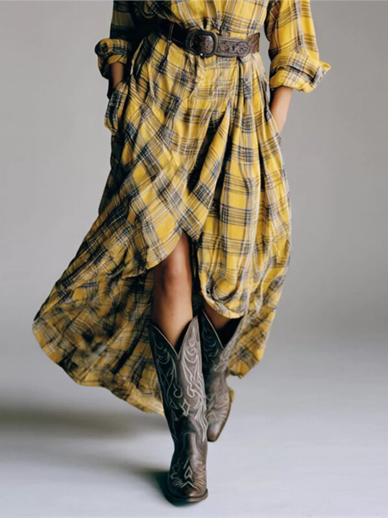 Full Size Plaid High-Low Long Sleeve Shirt Dress Plus Size