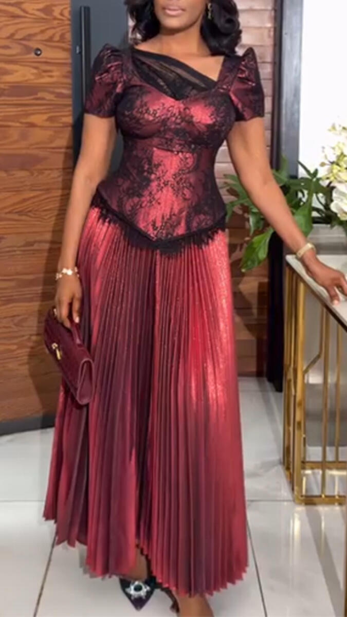 Women Square Collar Patchwork Pleated Elegant Temperament Dress