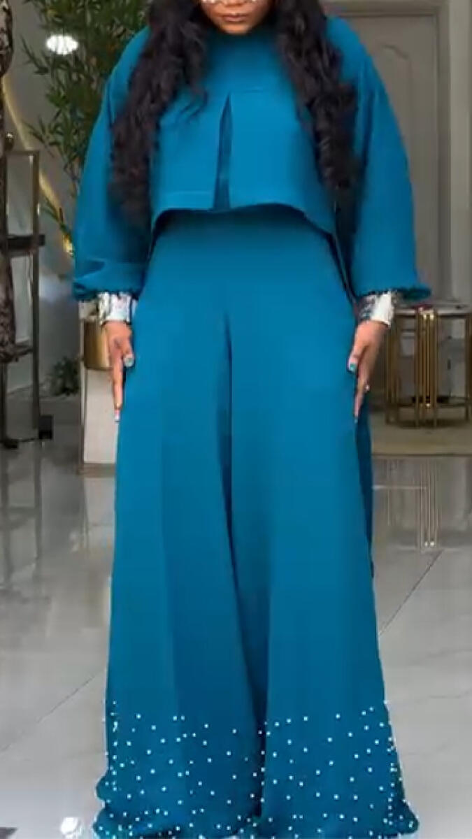 Women Round Neck Patchwork Top+ Pants Casual Set with Temperament