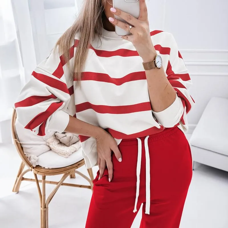 Women's Striped Two Piece Outfit Long Sleeve Drop Shoulder Pullover Tops & Jogger Pants Sets