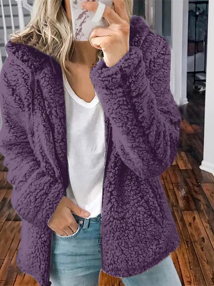 Women Causal Zipper Long Sleeve Hooded Teddy Coat Top