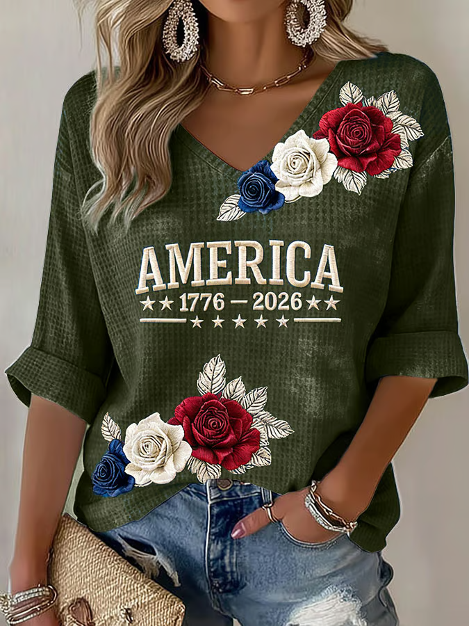 Women's American 250th Anniversary Three-Quarter Sleeve V-Neck Top