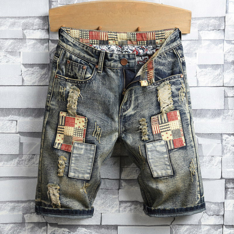 🔥 Men’s Ripped Denim Shorts – Patchwork Design for Street Style Edge 👖✨