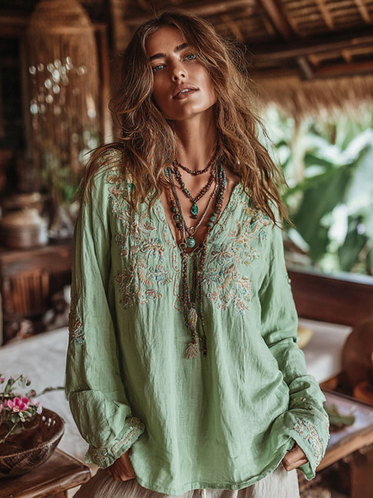 Women's Floral Printed Art V-neck Long Sleeve Tunic