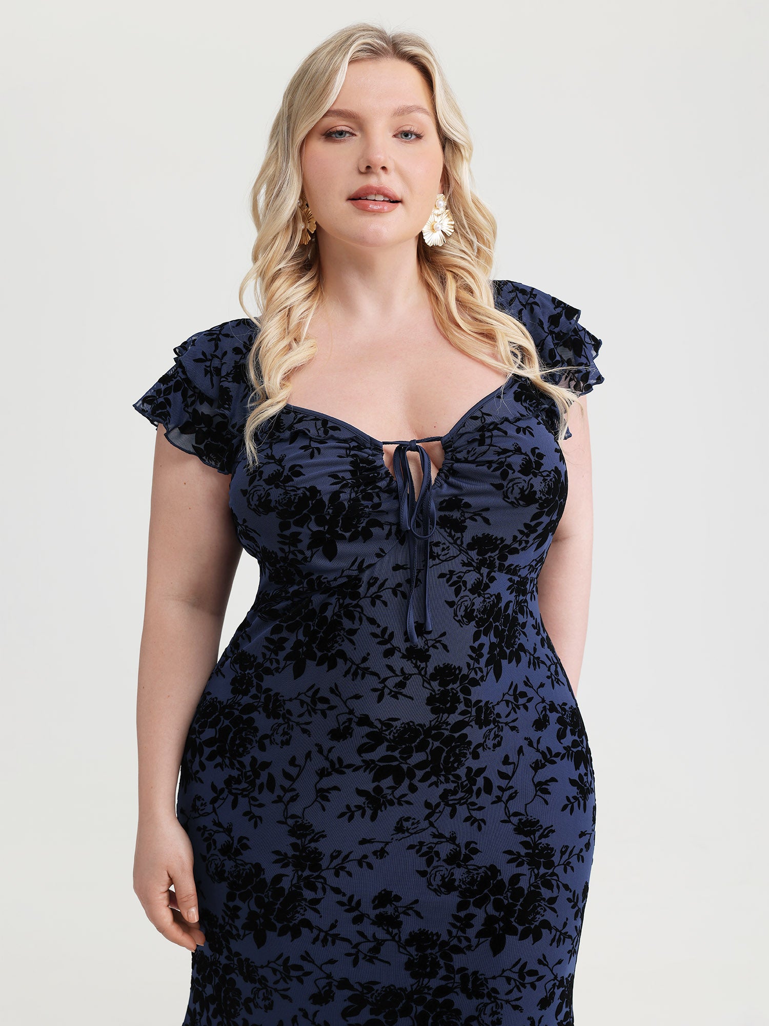 Floral Flocked Mesh Ruched Drawstring Midi Dress