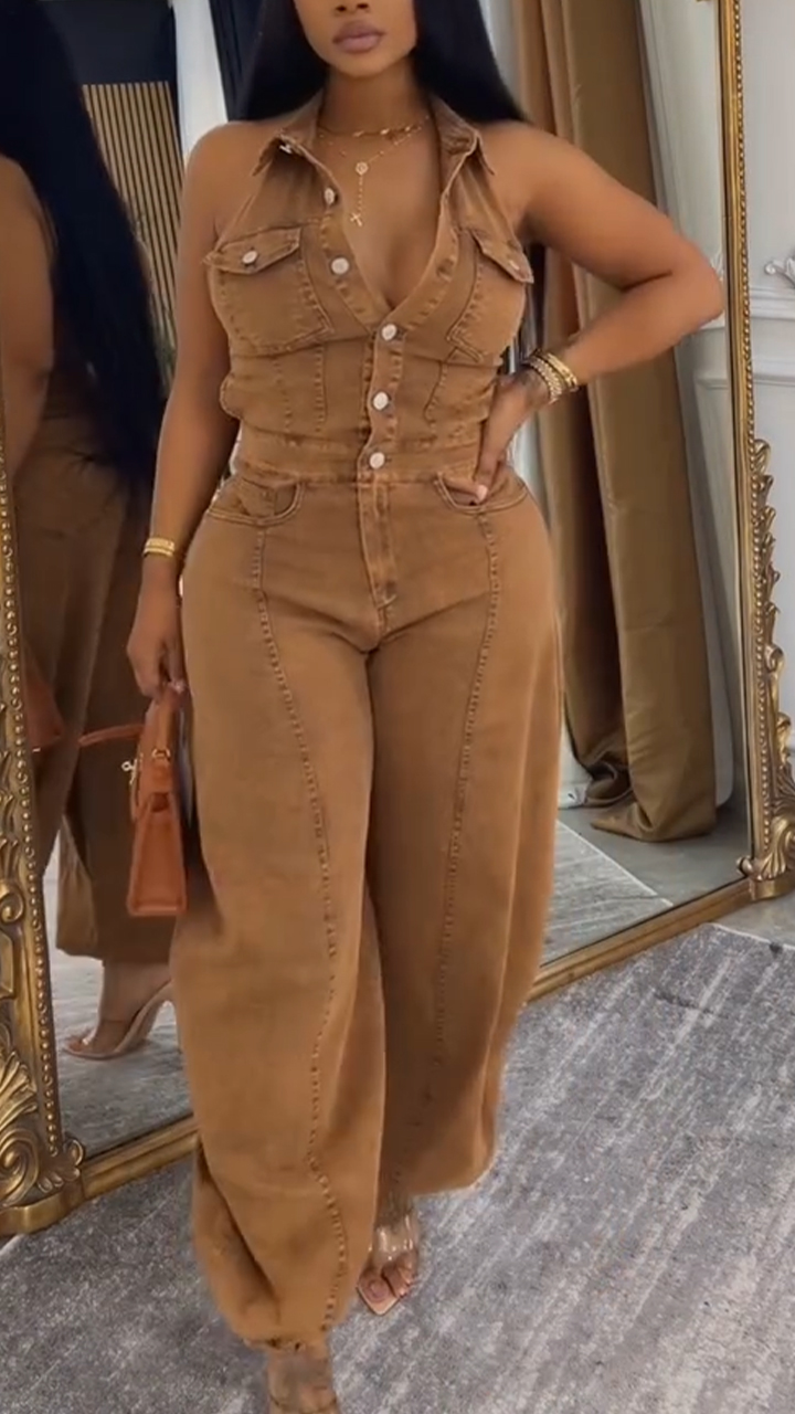 Womens Collared Patchwork Casual Denim Jumpsuit