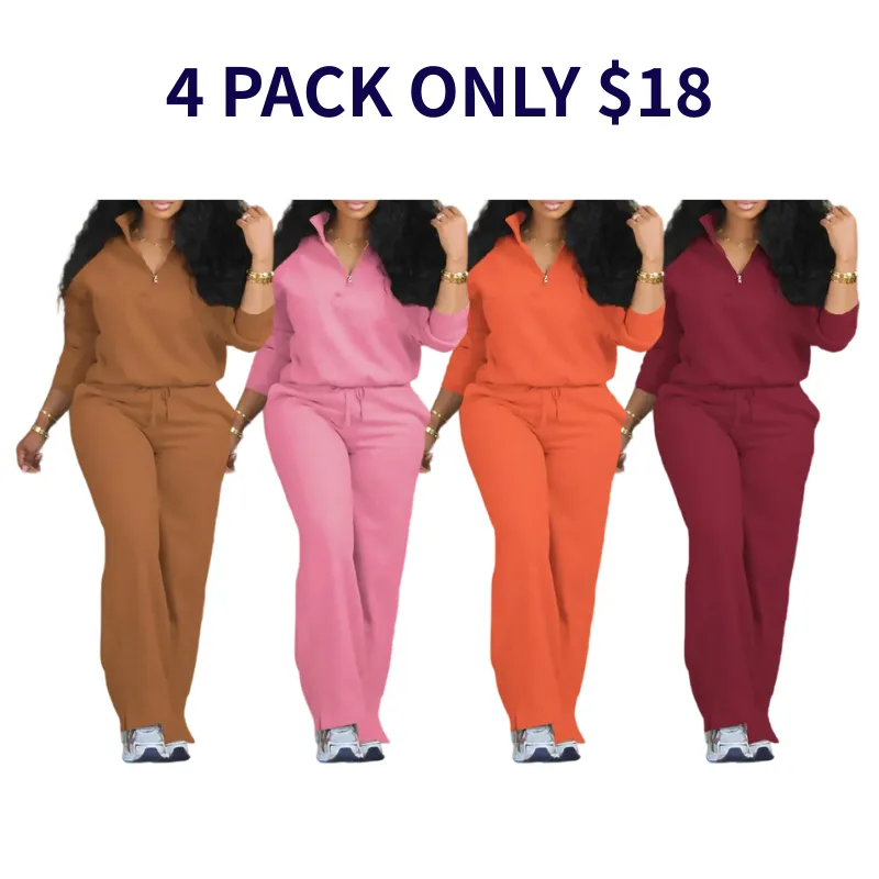 Women's Solid Half Placket Split Hem Pants Set
