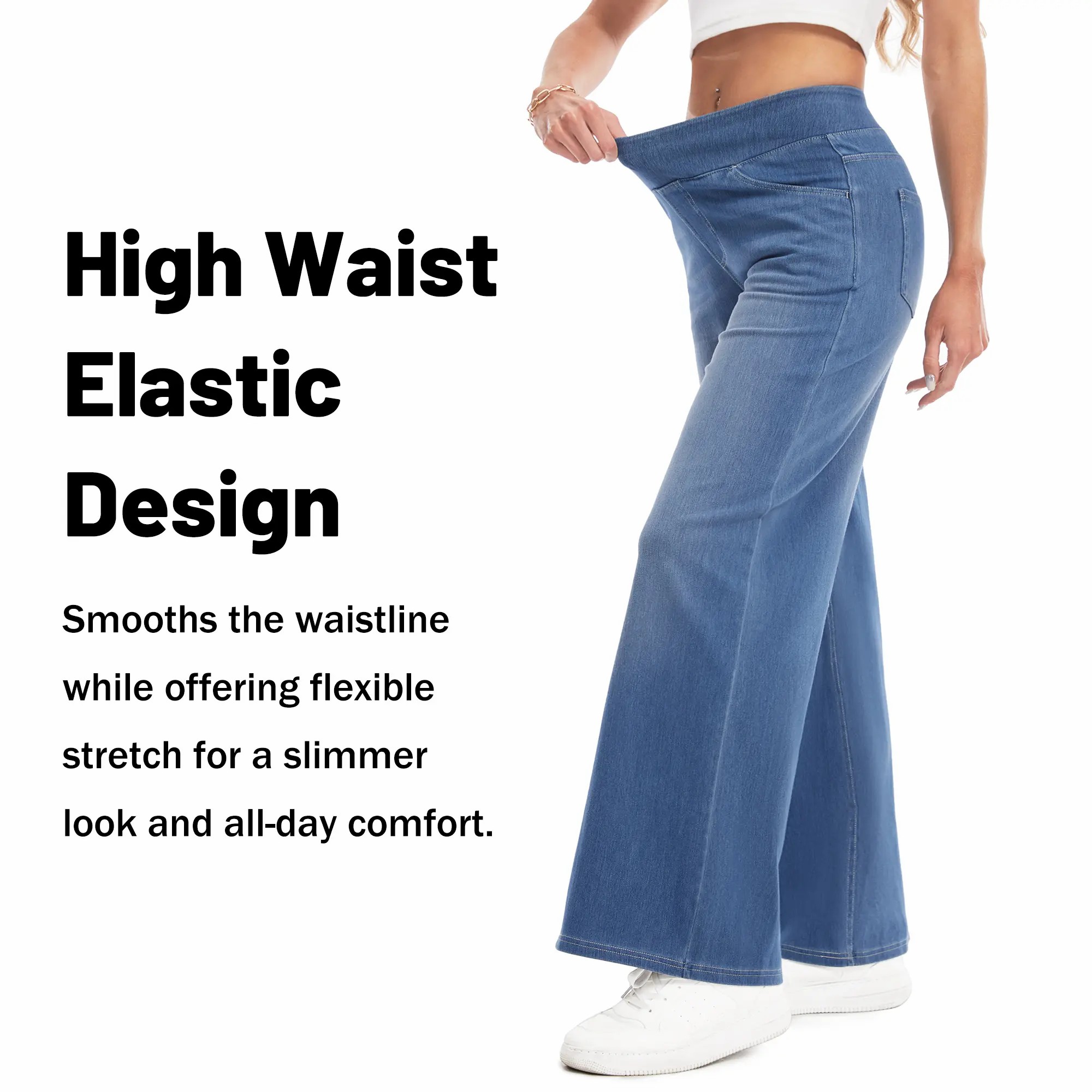 Wide Leg Stretchy Jeans for Women Loose Fit Elastic High Waist Pants Pull On Baggy Fit Jeans Tummy Control Trousers Casual Work Wear (Regular Inseam)