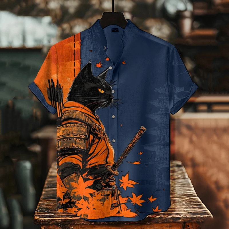 Men's Black Cat Warrior And Maple Leaf Temple Print Casual Shirt