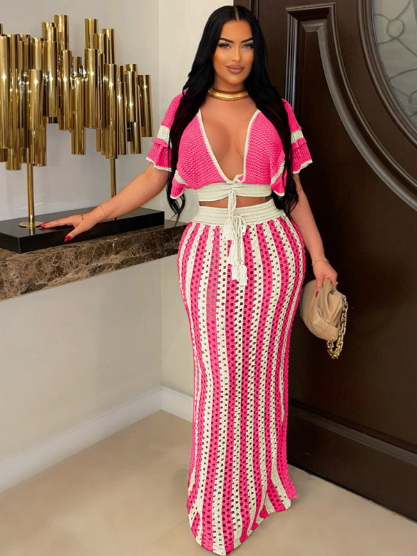 Deep V-Neck Hollow Knit Striped Floor Length Dress