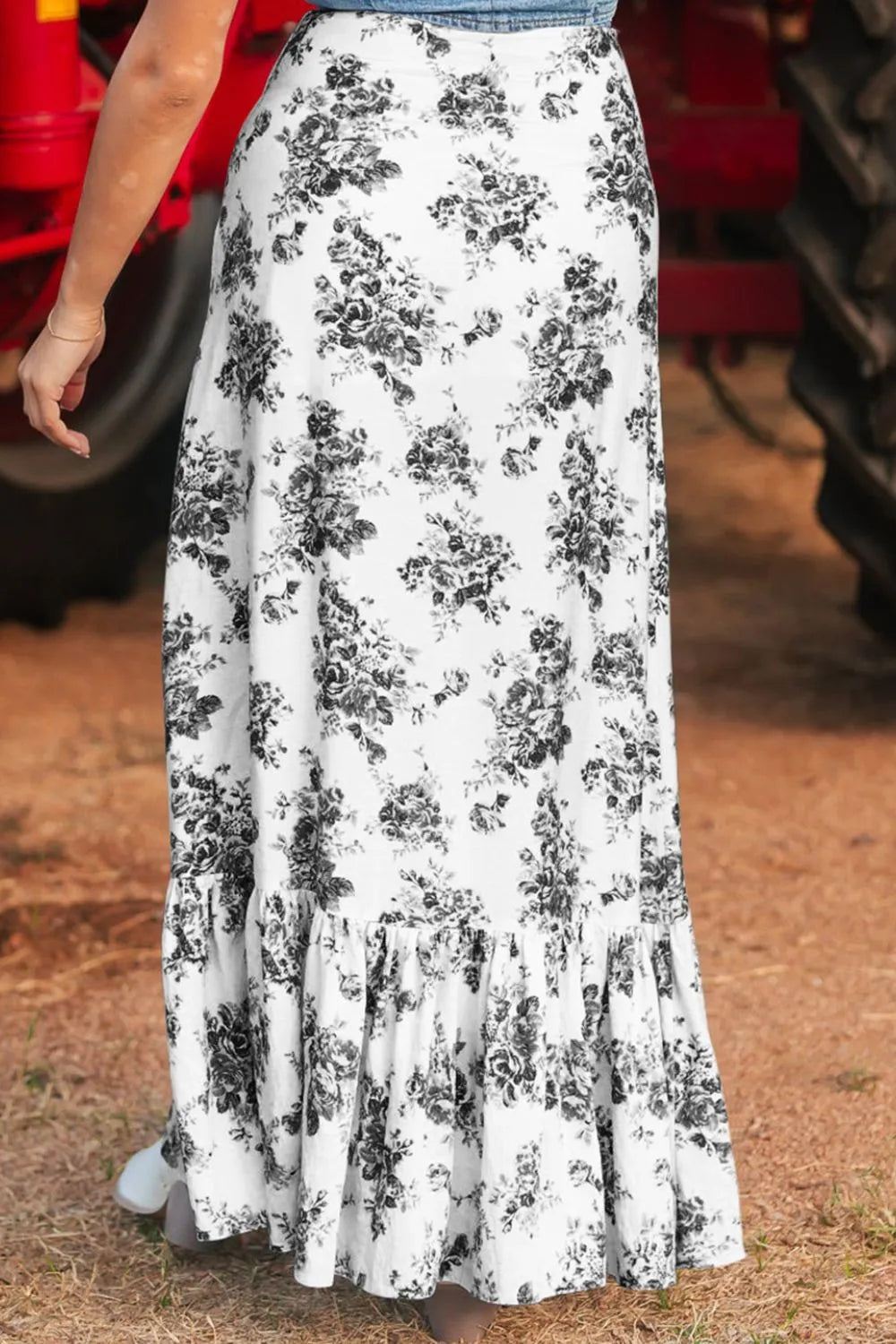 Boho Floral High Waist Ruffle Split Maxi Skirt