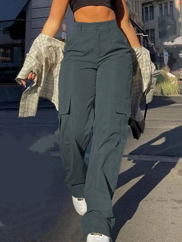 Women's Plain Flap Pocket Button High Waist Cargo Pants