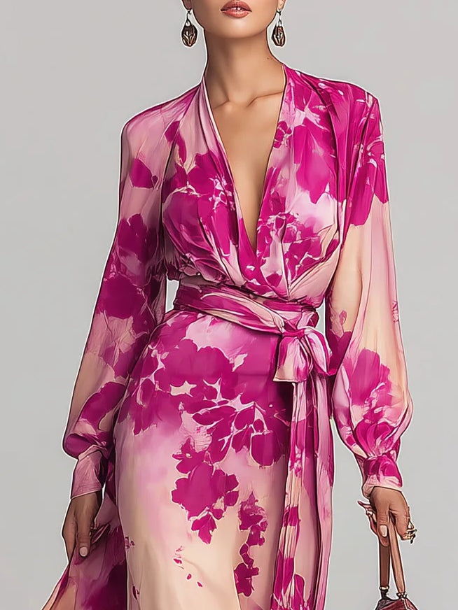 Rose Red Floral V-neck Belted Maxi Dress