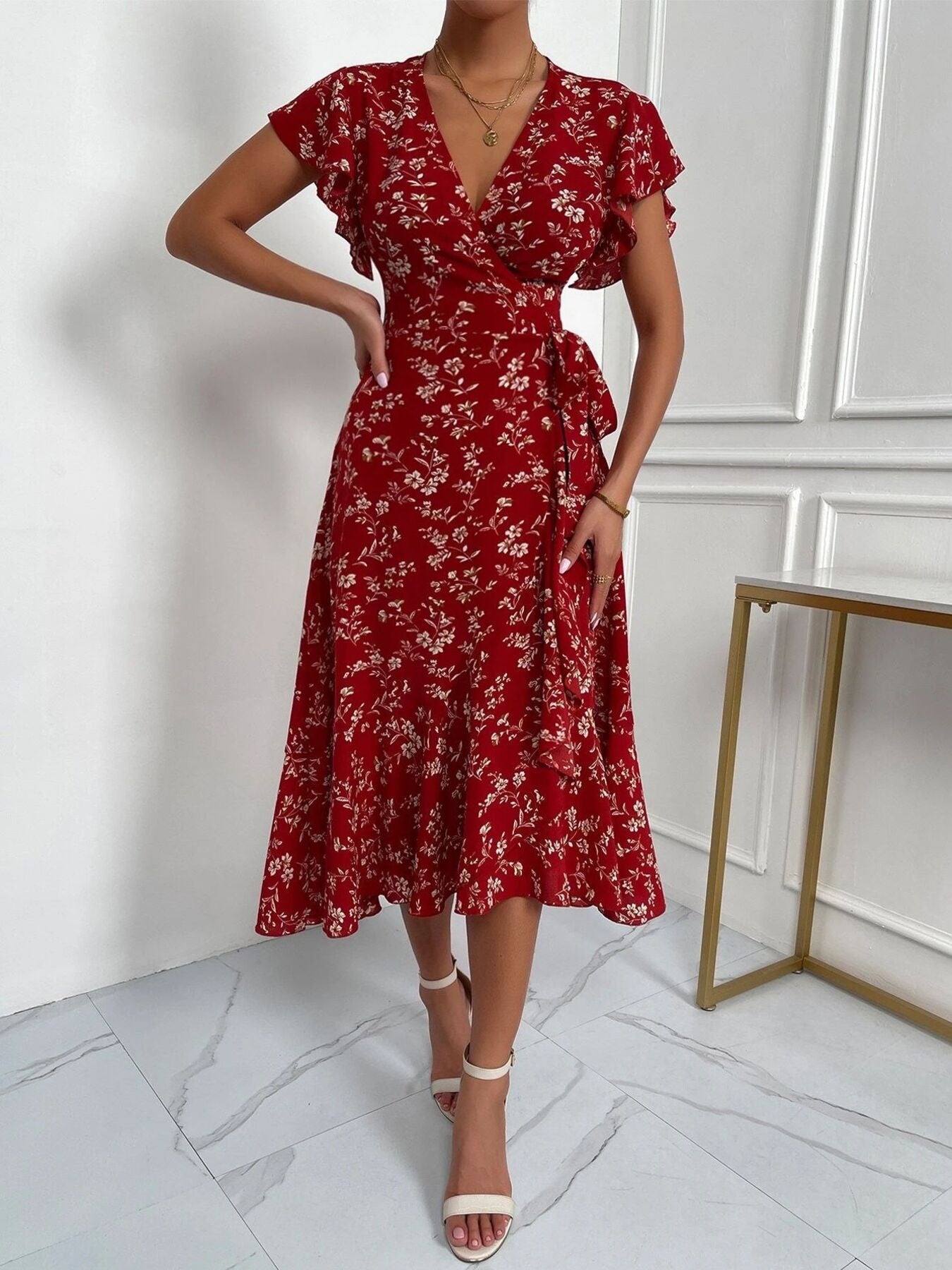 Floral Print Ruffle Sleeve Wrap Midi Dress