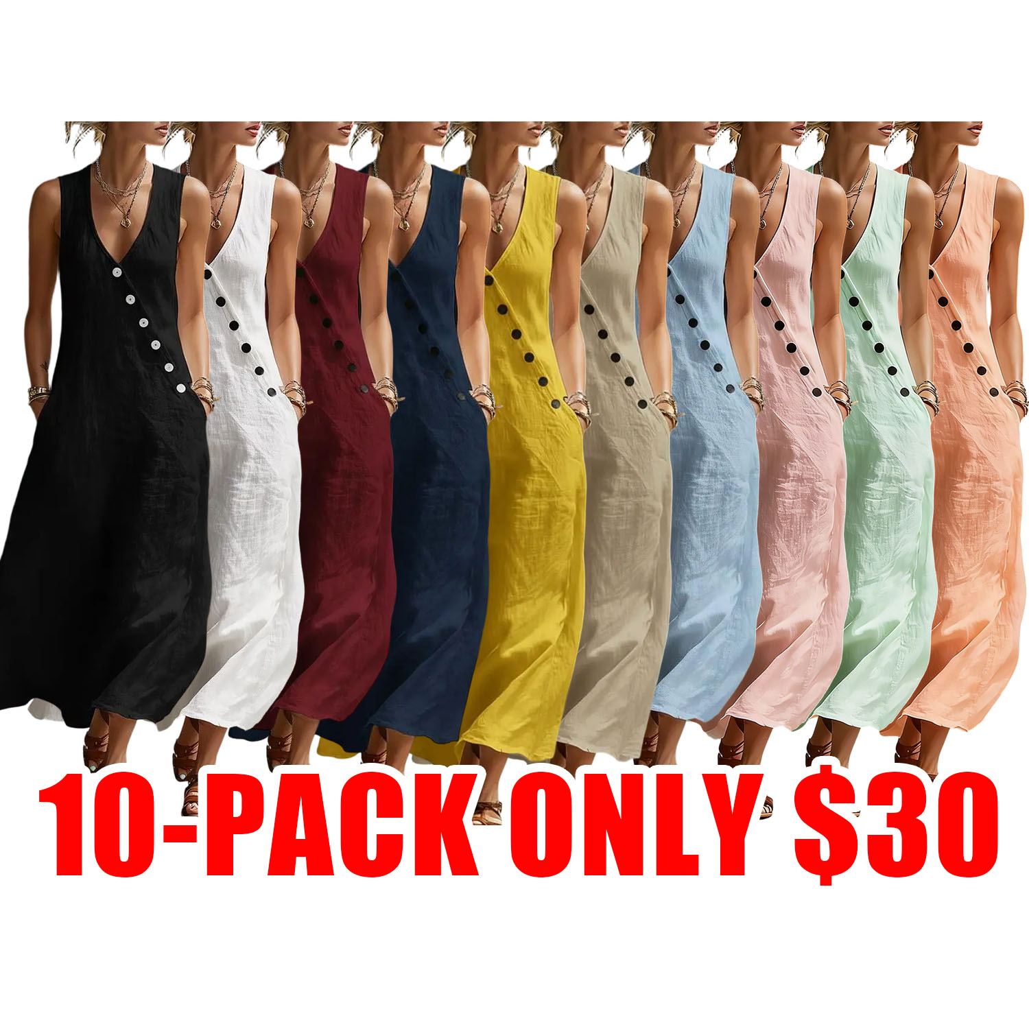 Boho Linen Maxi Dress - Perfect for Beach, Vacation & Brunch! Sleeveless V-Neck Button Detail Casual Dress with Pockets # SleevelessDress