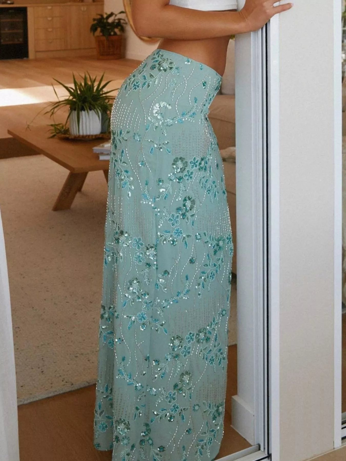 Embroidered Sequin Maxi Skirt