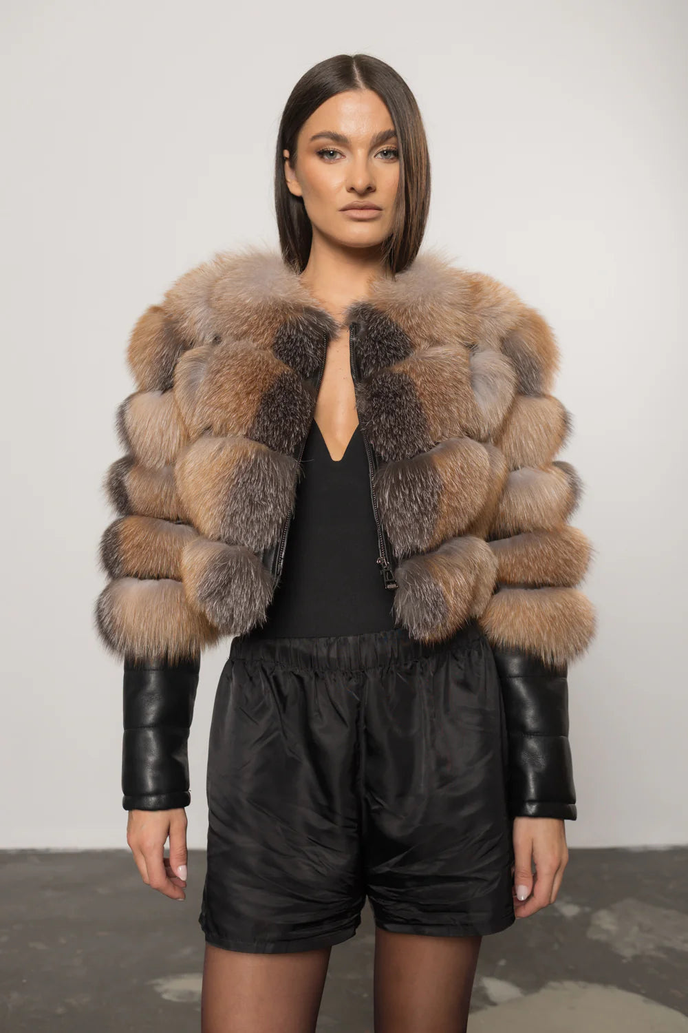 Haină din Blană Naturală de Vulpe și Piele, Transformabilă, Femei, Brown Frost 249