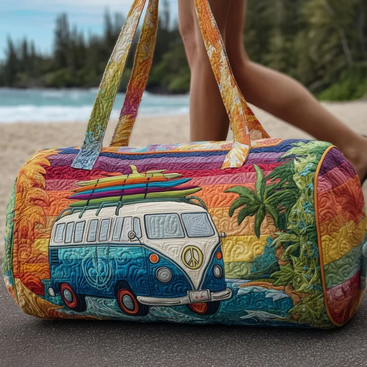 🌴🏄 Sunset Surf Van Quilted Duffle Bag – Retro Boho Travel & Weekender Bag ✌️✨