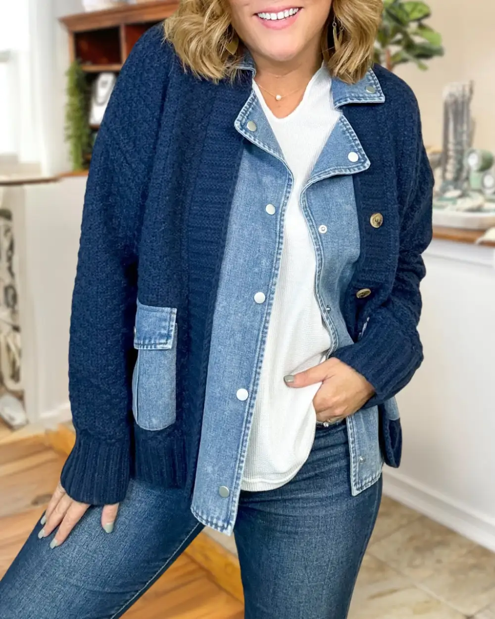 Denim+Knit Shacket Cardigan
