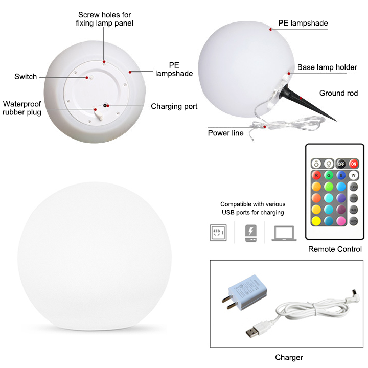 Cordless LED Glowing Ball Light - 16 RGB Color Changing Waterproof Floating Ball Lamp w/Remote