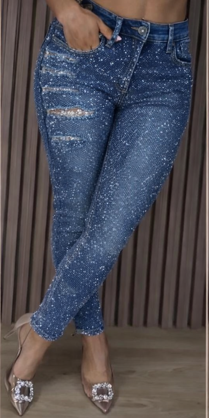 Women's Ripped High-elasticity Hot-fix Rhinestone Skinny Jeans