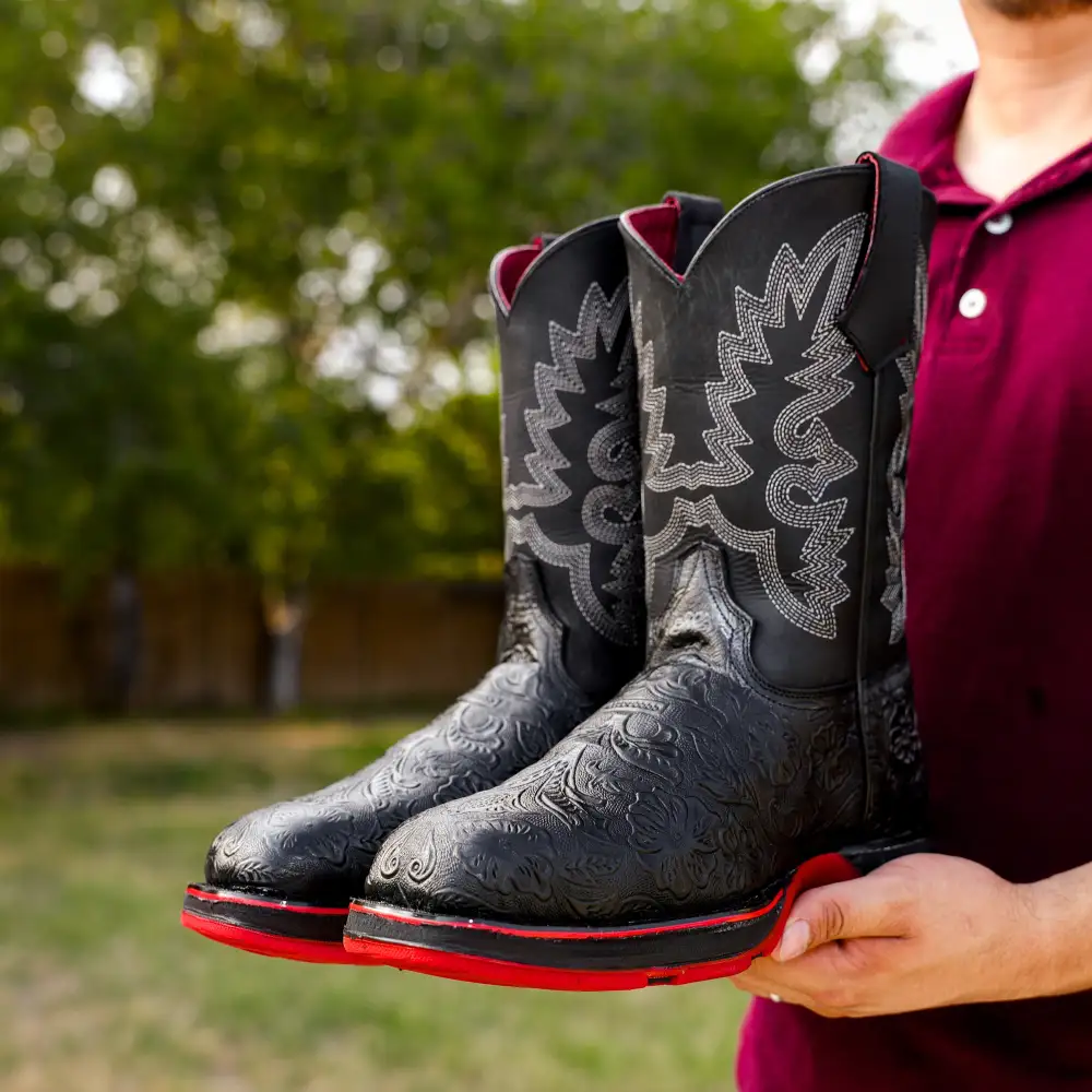 Black Hand-Tooled Leather Boots With 3D Lightweight Sole - Composite Toe