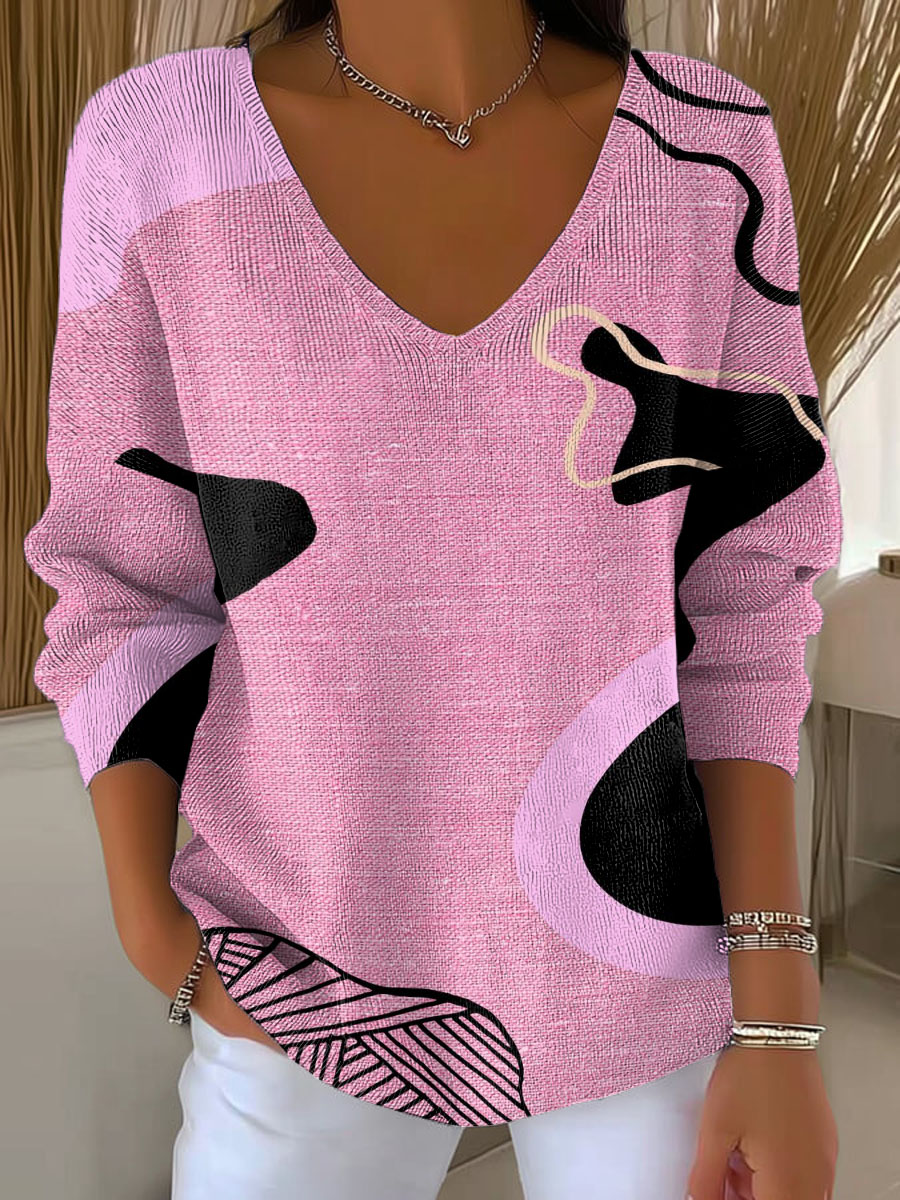 Women's Pink Art Pattern Casual Pullover Sweater