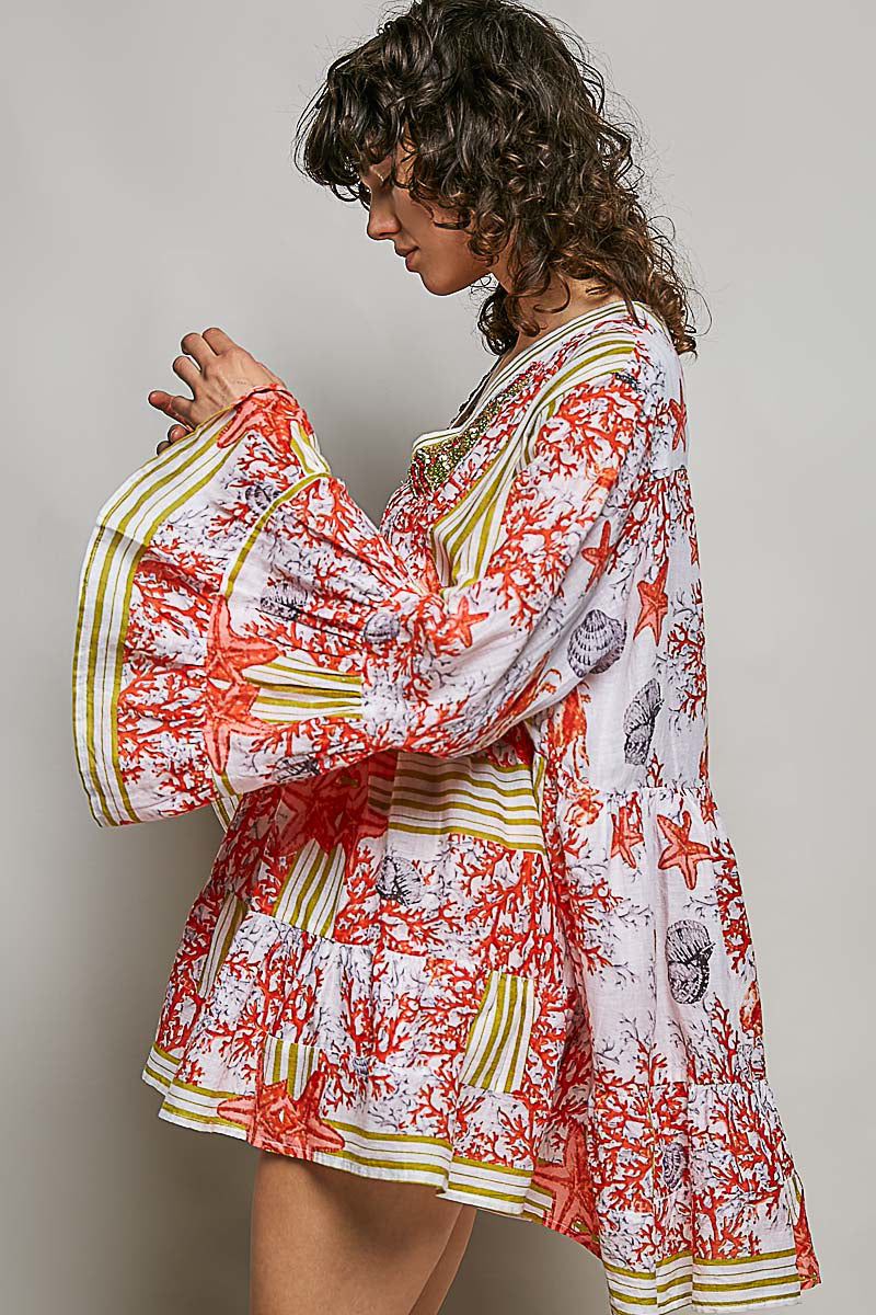 Pintuck Detail Striped Floral Long Sleeve Mini Dress