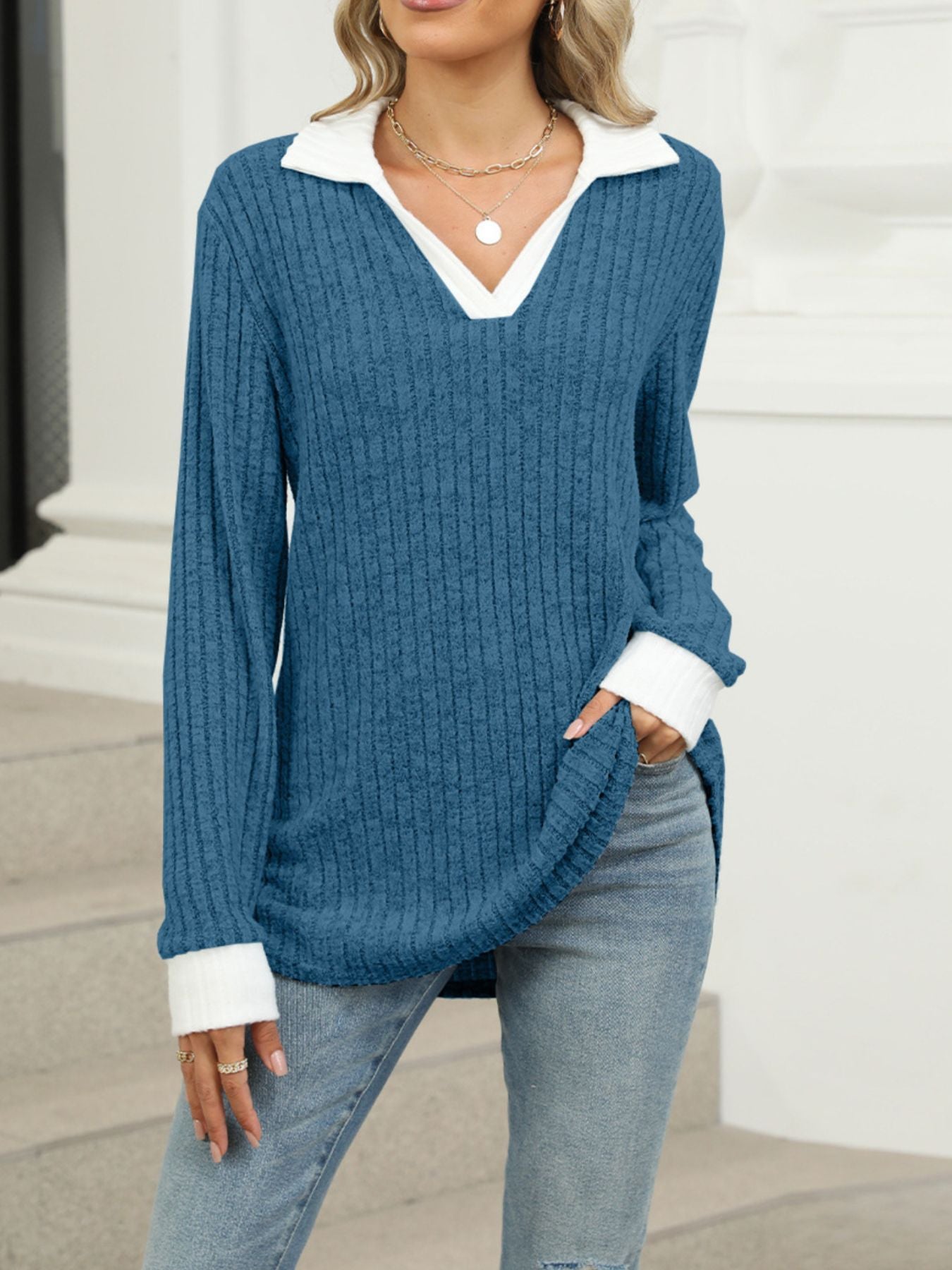Ribbed Knit Long Sleeve T-Shirt