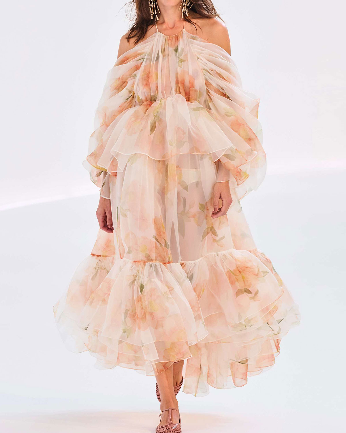 Tiered floral-print silk-organza halterneck midi dress