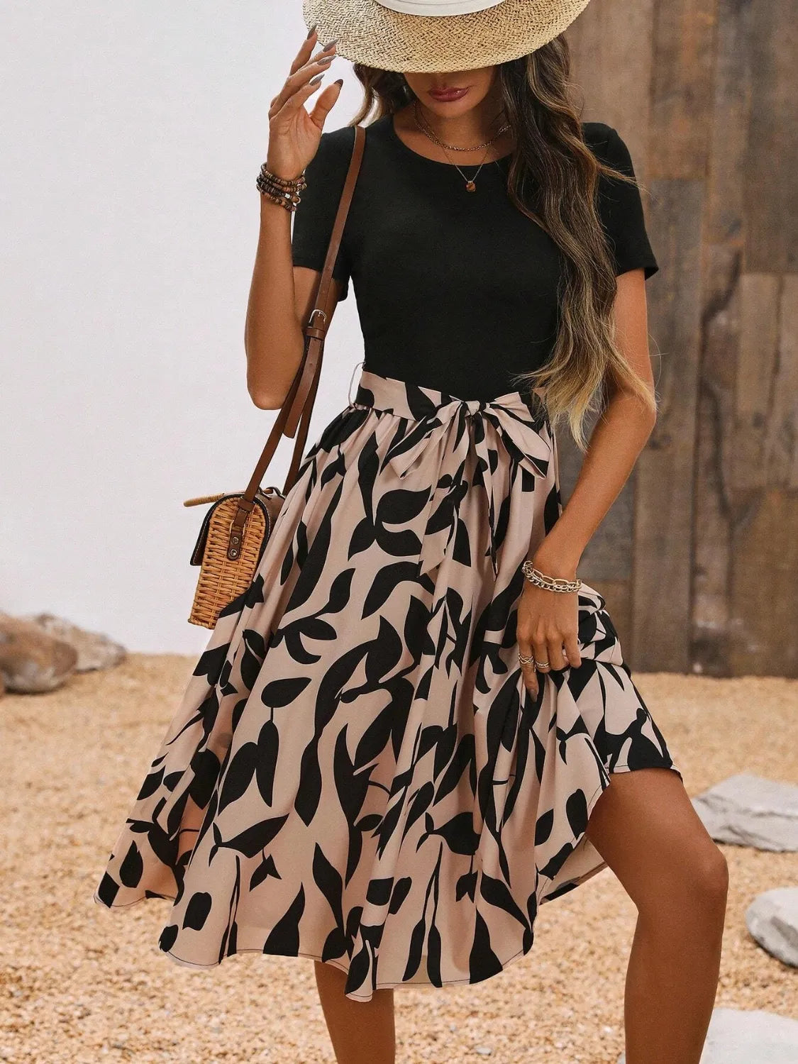 Printed Round Neck Short Sleeve Midi Dress